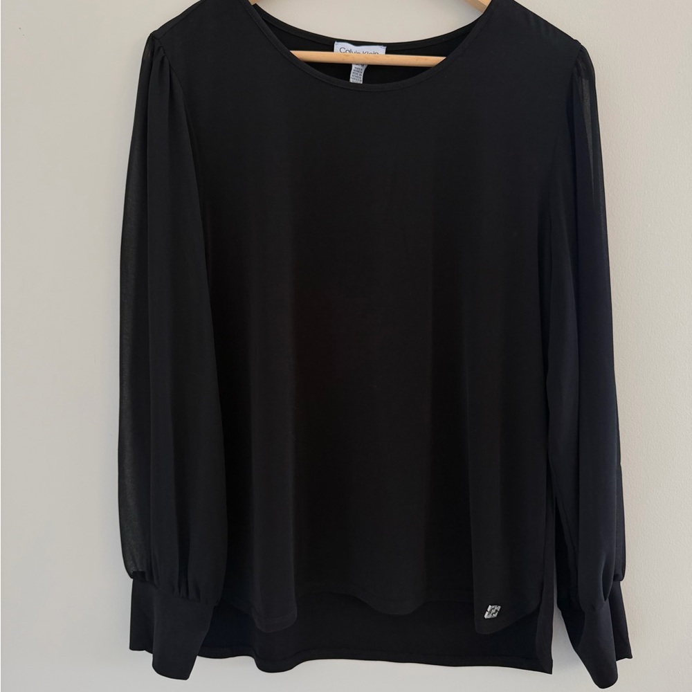 Calvin Klein Black Blouse Sheer Long Sleeve Chic Comfortable Casual Shirt Top‎